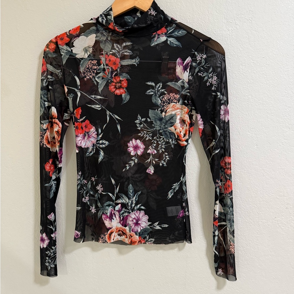 AFRM Los Angeles Sheer Mesh Floral Print Long Sleeve Top Size S